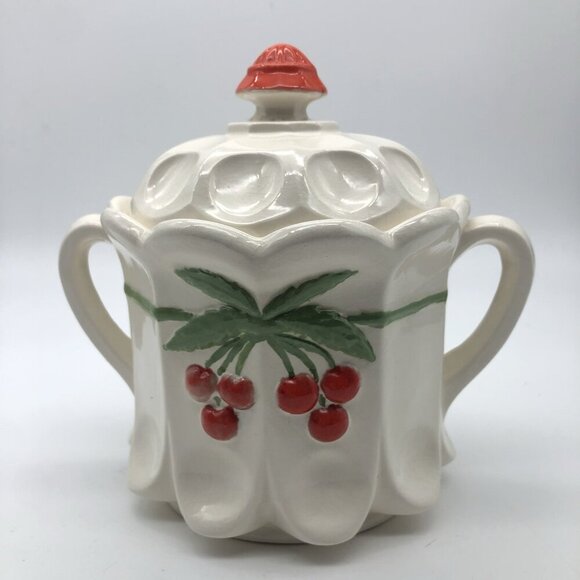Vintage Westmoreland Hand Painted Cherry Thumbprint Panel Cookie Jar With Lid - Picture 1 of 13